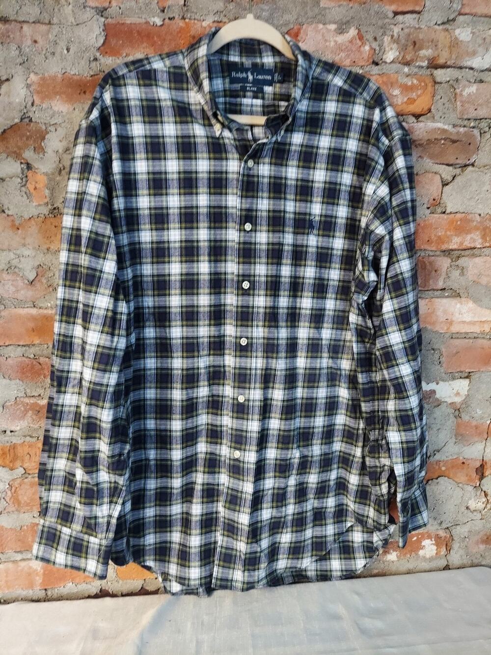 Ralph Lauren Mens Blake Button Down Shirt L Navy Blue White Green Yellow Plaid